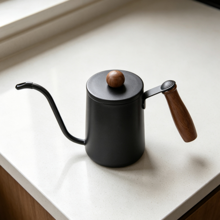 Black Stovetop Gooseneck Kettle with Wooden Handle 90° Spout